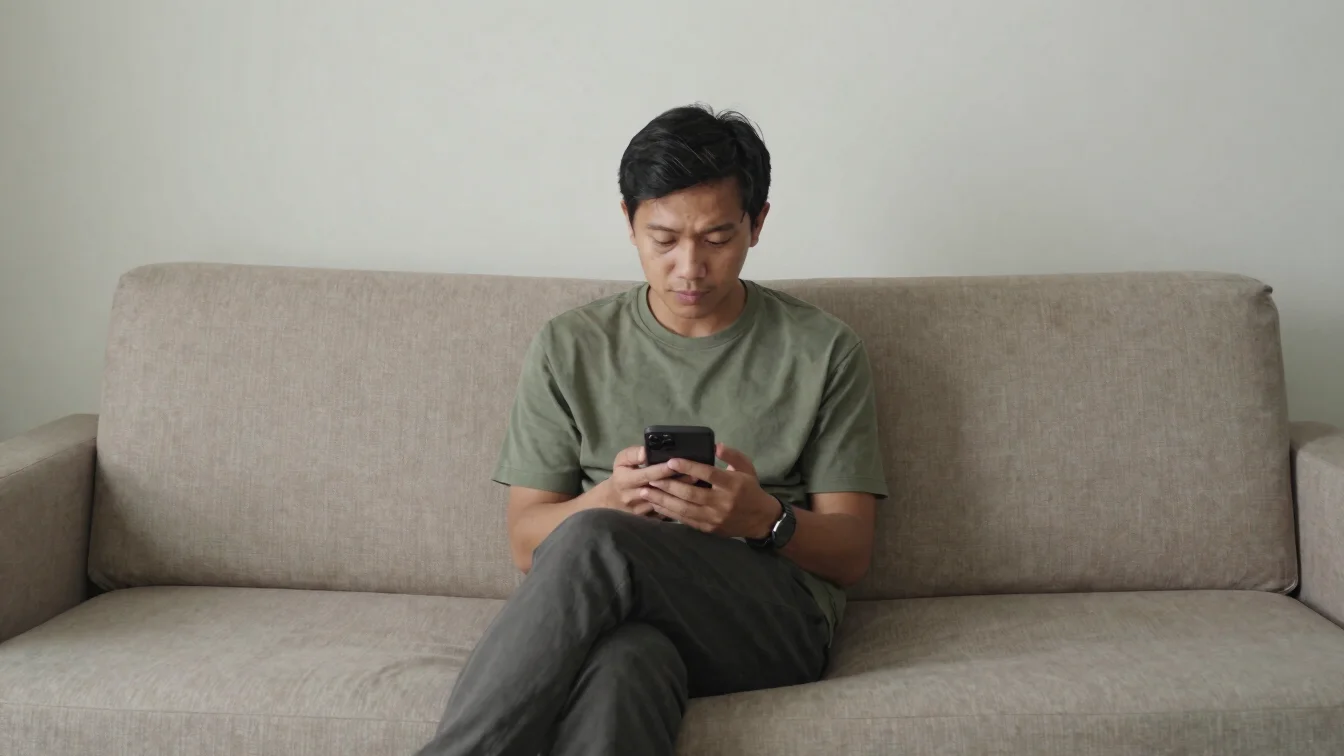 Seseorang membaca informasi rekening di ponsel di ruang tamu sede